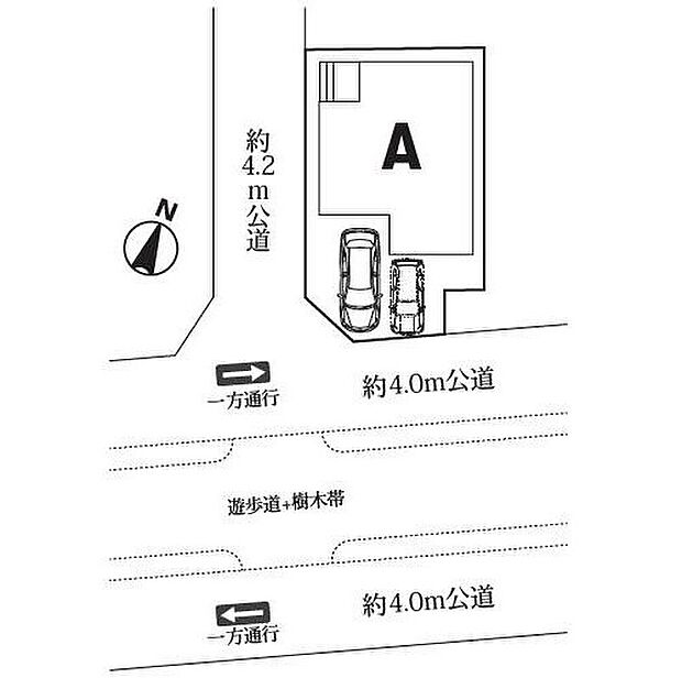 【全体区画図】カースペース2台可能です♪
南東、南西角地のため陽当り良好です。