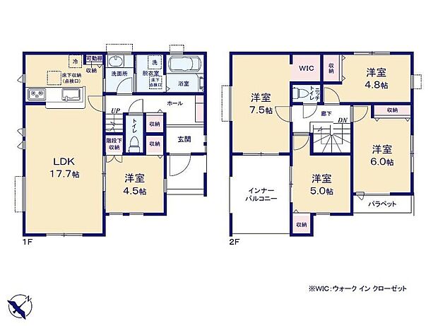 【5LDK】水回りがつながる効率的な動線設計。洗面室と脱衣所を扉で分けることができる嬉しい間取り。奥行きのあるインナーバルコニーは、デスクやチェアを置いて寛げるスペースに♪