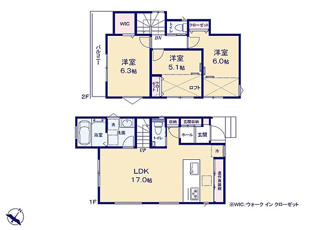 【間取図(3LDK・LDK17帖)】1階は17帖のLDKと浴室・洗面・トイレを配置。2階は洋室3室(6.3・5.1・6.0帖)で、ウォークインクローゼット・バルコニー・ロフトを備えた間取りです。建物面積80m2。