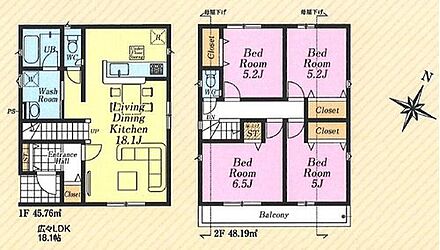 ○大切な家族とコミュニケーションがとれる広々１８帖超ＬＤＫ＋リビングイン階段
○お部屋をすっきりとお使いいただける全室収納完備 