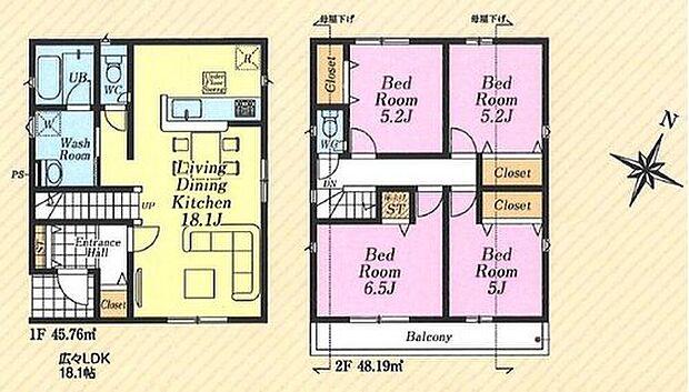 【4LDK】○大切な家族とコミュニケーションがとれる広々１８帖超ＬＤＫ＋リビングイン階段
○お部屋をすっきりとお使いいただける全室収納完備