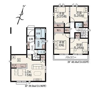 愛車を守ってくれるビルドインガレージ！
LDK15帖、全居室5帖以上など、敷地もお住まいもゆとりの広さ。
洋室を2階に集約し、プライバシーにも配慮した間取りプラン。
全居室に収納を完備！お部屋がスッキリ片付きます。
2部屋から行き来できるバルコニーはとても便利です！ 
