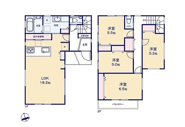 【4LDK】○18帖超リビングは開放感溢れる折上天井採用♪○家事を手助けする食洗機・浄水器付対面キッチン!○家事動線スムーズな水回り集中設計♪