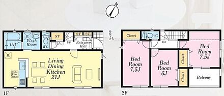 広々LDK21帖！家族みんながゆったりと過ごせる空間♪2階全居室6帖以上！家具やインテリアなど配置も楽しめそうです◎1階ホール収納は掃除用品や季節物などの収納に便利♪ 