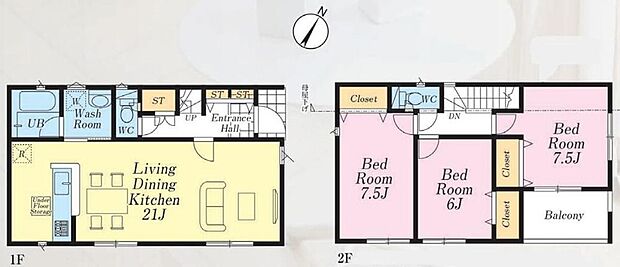 【3LDK】広々LDK21帖!家族みんながゆったりと過ごせる空間♪2階全居室6帖以上!家具やインテリアなど配置も楽しめそうです◎1階ホール収納は掃除用品や季節物などの収納に便利♪