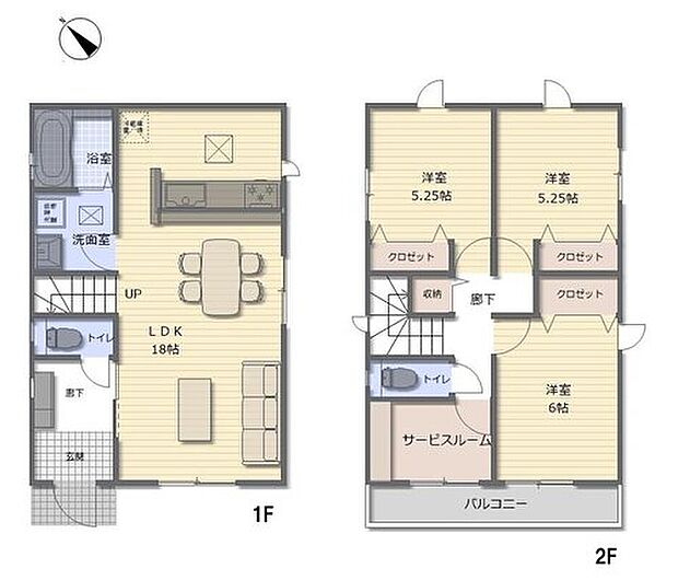 【2区画】建物プラン例(2区画)3LDK+S、土地価格2780万円、土地面積112.58m2、建物価格1700万円、建物面積89.42m2
【広々18帖のLDK!対面キッチンからはLDK全体を見渡せます♪
家族のコミュニケーションがさりげなく深まるリビングイン階段。
サービスルームは窓付きなので、居室としても問題なくお使いいただけます。】