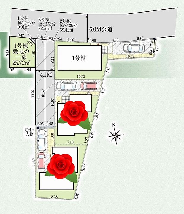 【☆全体区画図☆】カースペース1台(1号棟)2台(2号棟)
来客時や自転車置き場にも便利です♪