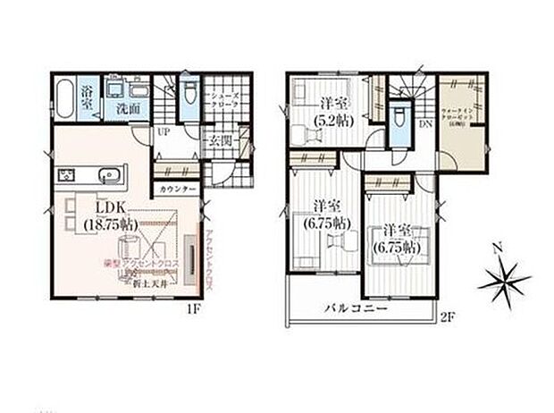 【1区画】プラン間取り:3LDK、土地面積:93.64m2、プラン建物面積:98.53m2、プラン建物価格:1760万円 家族で使える大型ウォークインクローゼットや広々シューズインクロークが魅力的な住まい☆収納家具を置かずにお部屋がスッキリ片付きますね♪