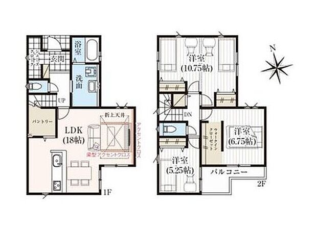 【2区画】プラン間取り:3LDK、土地面積:100.23m2、プラン建物面積:104.75m2、プラン建物価格:1760万円 大型パントリー完備!まとめ買いした食品や日用品もストックもラクラク収納♪散らかりがちなキッチンもいつでもスッキリ片付きます◎