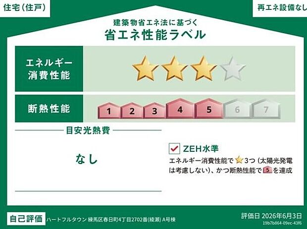 【【省エネ性能ラベル】】こちらの物件はZEH水準を満たした、省エネ性能に優れた物件です。 光熱費を抑えて暮らすことができるだけでなく、「熱の入りにくさ・逃げにくさ」という観点でも影響を受けにくい建物のため、長く快適にお過ごしいただけます♪ ※本ラベルは特定の住戸の性能を示すものであり、全ての住戸の性能を示すものではありません。