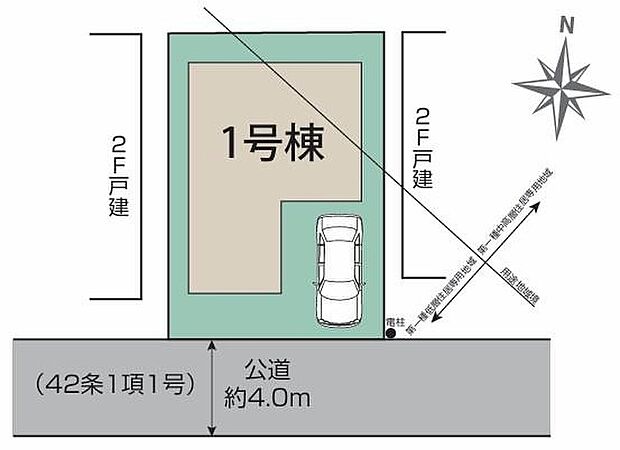 【全体区画図】駐車スペース1台分確保♪
車通りの少ない前面道路なので小さなお子様がいても安心です。