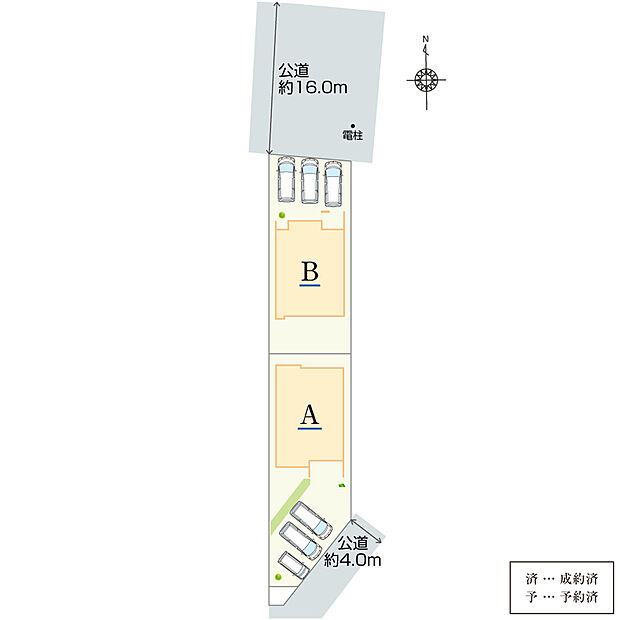 【全体区画図】
54坪以上のゆとりある敷地に建つ新築分譲住宅全2棟。それぞれ駐車スペースは並列3台分あり、来客時にも重宝します。建物面積42坪以上のオール電化住宅です。
