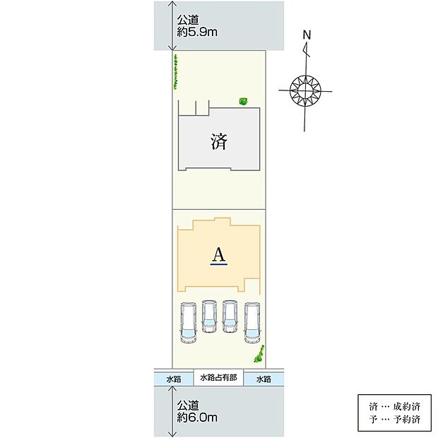 おかげさまでA棟のみとなりました！A棟の前面道路は南側幅員約6.0m。車同士のすれ違いや駐車もスムーズに行える幅です。並列駐車4台可能なゆとりある土地面積を確保しています。