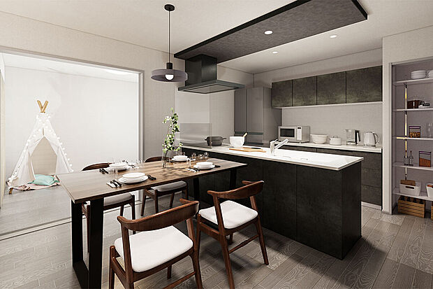 【キッチン│人気の対面式キッチン♪】フレキシブルルームと繋がる人気の対面式。ご家族の様子をいつでも確認できます！/2号地完成予想パース