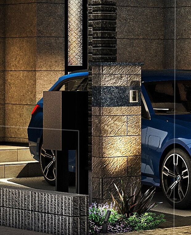 異なるテクスチャを重ね合わせ、都会的な洗練さを表現しています。植栽の緑やライティングと調和し、夜間には間接照明が石の陰影を浮かび上がらせ、幻想的なアプローチを構築する重要なエレメントとなります。