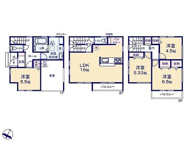 (1号棟)4LDK、土地面積60.57m2、建物面積114.21m2