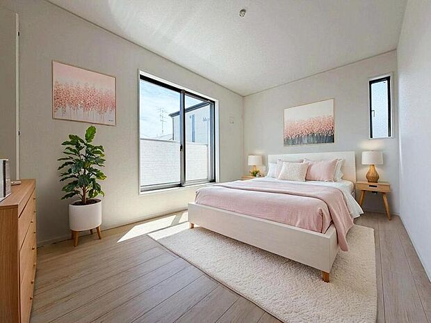 ☆Bedroom☆
2面採光です。光を取り入れやすのはもちろんですが、建物全体の窓の数も増えておりますので、換気性能に優れた物件です。家中を気持ちの良い風が通り抜けます。※家具はCG合成しております。