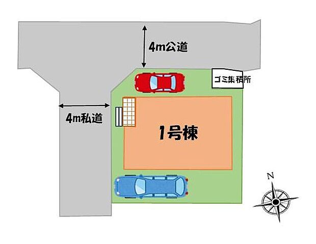 【全体区画図】角地でカースペース２台（車種による）を完備！家族分の自転車を駐輪したり、来客用の駐車スペースとしてもお使いいただけます♪
空いたスペースには、花や緑で彩るガーデニングもオススメです☆