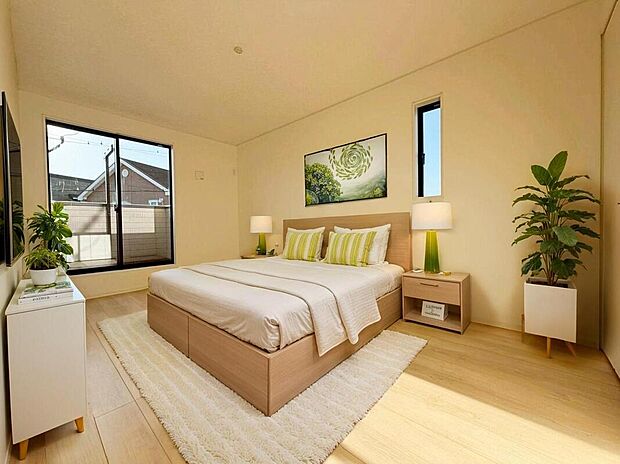 【リビング以外の居室】2階のお部屋です。光を取り入れやすのはもちろんですが、建物全体の窓の数も増えておりますので、換気性能に優れた物件です。窓を開ければ家中を気持ちの良い風が通り抜けます。※家具はCG合成しております。