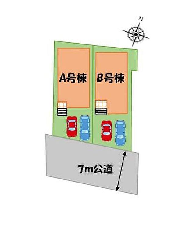 【全体区画図】前面道路7ｍあるので車庫入れが苦手な方でも安心して入れられます。カースペース２台分ございますので、家族分の自転車を駐輪したり、来客用の駐車スペースとしてもお使いいただけます！