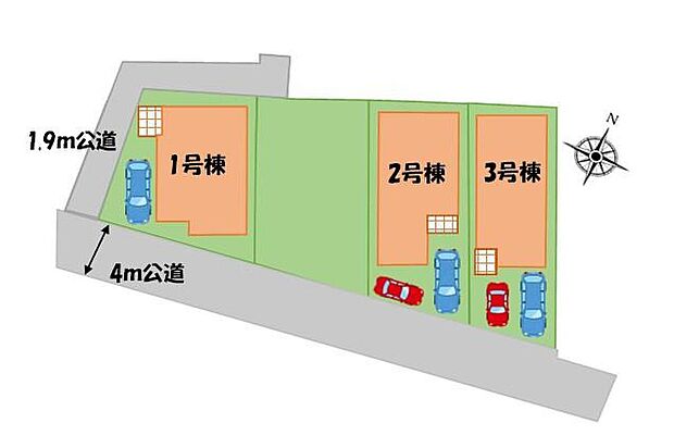【全体区画図】お車から玄関までの距離が近いのでたくさんお買い物をした日も大丈夫♪雨の日も最小限の被害ですみます♪スーパーは徒歩2分、コンビニ、ドラッグストアも徒歩圏内にそろった快適環境です！