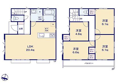 ワックスフリーフローリングに全居室は収納完備！床下収納も2カ所完備！広々20.4帖リビングに、魅力的な水回りの導線☆住み心地の良さをぜひご体感下さい！ 
