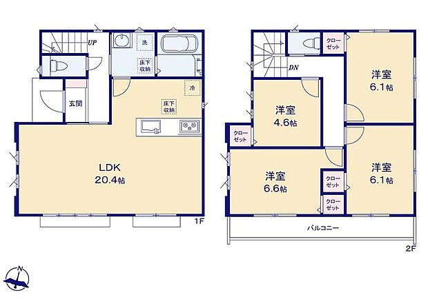 【4LDK】ワックスフリーフローリングに全居室は収納完備！床下収納も2カ所完備！広々20.4帖リビングに、魅力的な水回りの導線☆住み心地の良さをぜひご体感下さい！