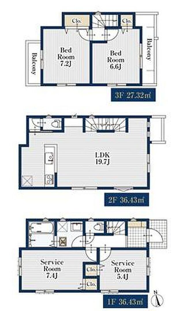 【2LDK+2S】対面キッチン採用のゆったり19.7帖のLDK☆7.4帖の広い納戸は窓付きなので、居室としても問題なくお使いいただけます♪全居室収納完備の広さもあるので広々お部屋が使えます☆
