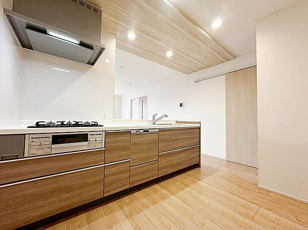 【キッチン】人工大理石トップ仕様の高級感のあるシステムキッチン。食洗機や浄水器、ハンドシャワーなど、高機能付きです。サポート力◎で、家事も快適スムーズに出来そうです。