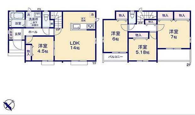 【4LDK】リビング隣に洋室の間取り。来客用にはもちろん、キッチンからもお子様を見守ることができるので遊び部屋に最適です♪ワイドバルコニーなら大きな洗濯物もらくらく干せます♪