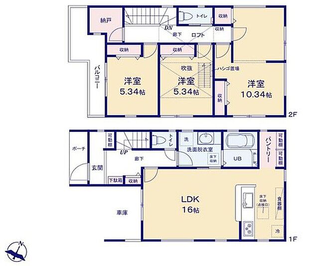 【3LDK+S】お子様がどろんこになって帰ってきても安心の、玄関洗面所直結動線!ワンちゃんのいるご家庭にも嬉しい間取りです。パントリーや2F納戸、ロフトなど収納スペースもしっかり確保☆
