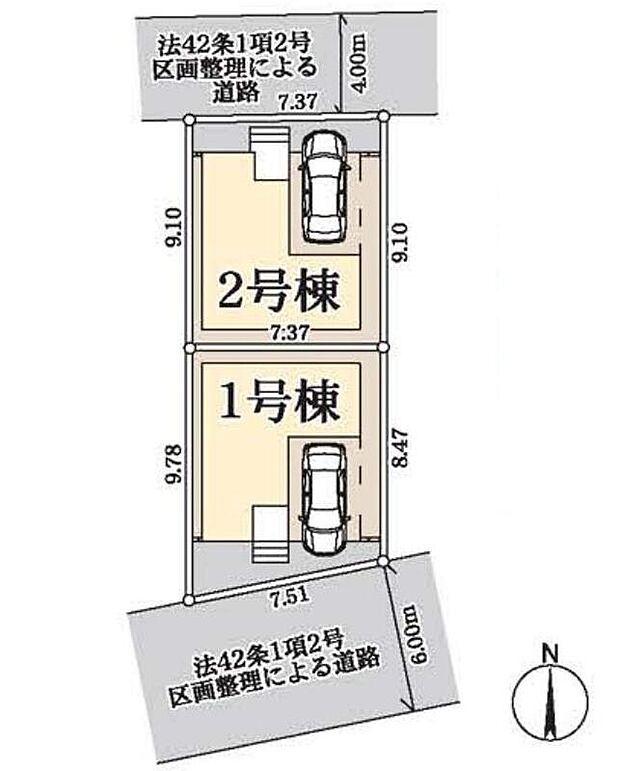 【全体区画図】JR京浜東北線「蕨」駅までバス9分「前川」停徒歩2分♪雨風から守るビルトインガレージ☆
