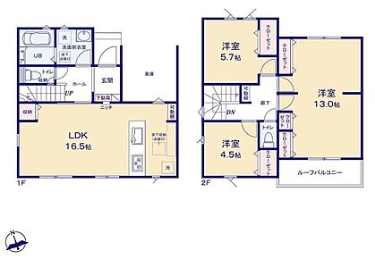 ゆとりあるLDKには収納スペースやキッチン横には棚付き☆調味料置きなどに便利です！2Fにはライフスタイルに合わせて2つの部屋にアレンジできるお部屋あり※間仕切壁工事は有償対応です。 