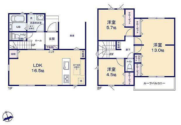 【3LDK】ゆとりあるLDKには収納スペースやキッチン横には棚付き☆調味料置きなどに便利です！2Fにはライフスタイルに合わせて2つの部屋にアレンジできるお部屋あり※間仕切壁工事は有償対応です。