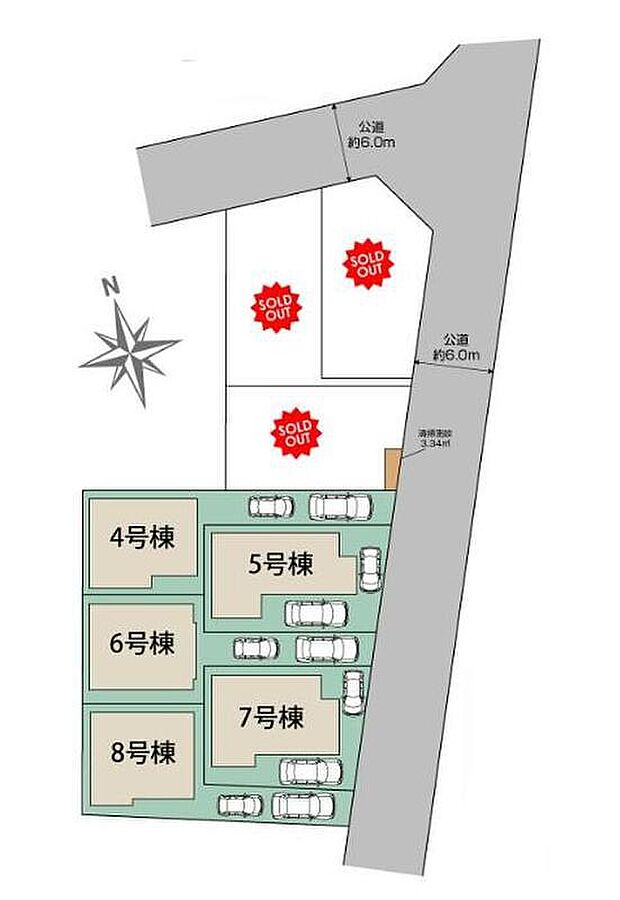 【全体区画図】周辺は交通量の少ない生活道路なので小さなお子様がいても安心です。車種により2台駐車可能です☆もちろん空いたスペースで自転車やガーデニングもできますね♪ぜひご覧下さい！