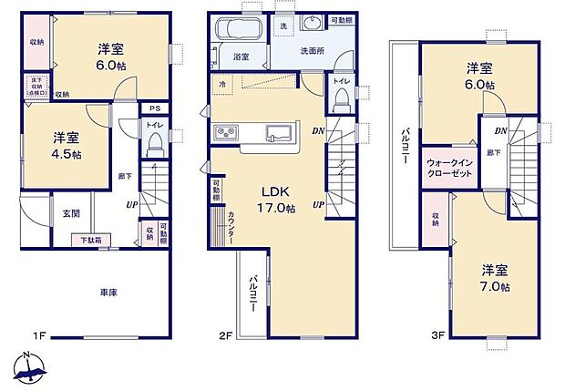 【4LDK】北西角地はお車の出し入れも楽々◎対面システムキッチン採用の広々17帖のLDK☆家族のだんらんはもちろん、2口コンセント付きの造作カウンターもあり、お子様のリビング学習にもぴったり！