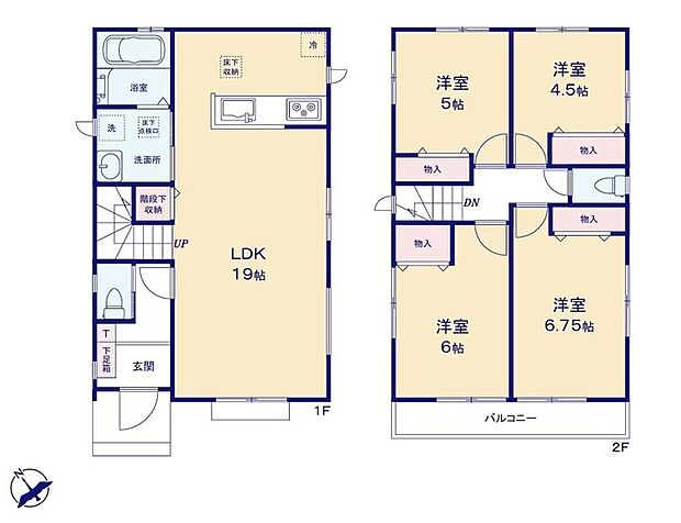 【4LDK】2階に部屋をまとめることで、ご家族それぞれのプライベート空間も保てます！水回りもまとまっているので家事がスムーズに動けます！リビング階段、対面キッチンはご家族とのコミュニケーションが取れやすい空間♪