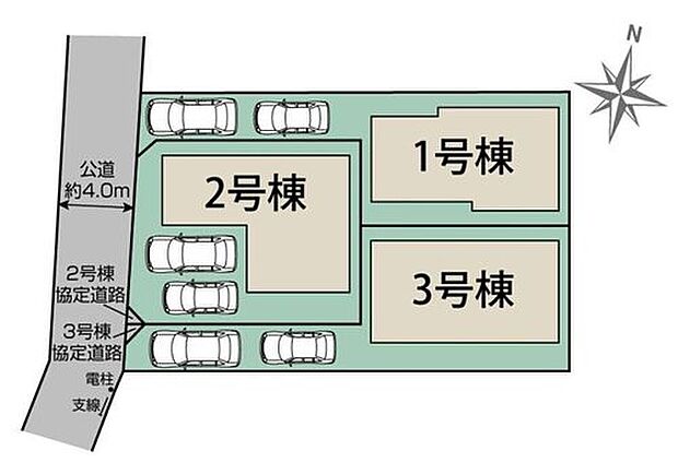 【全体区画図】駐車スペース2台(車種による)完備で車通勤やお買物もラクラクです♪小学校は徒歩9分に公園まで徒歩4分で子育てファミリーに最適な環境です♪