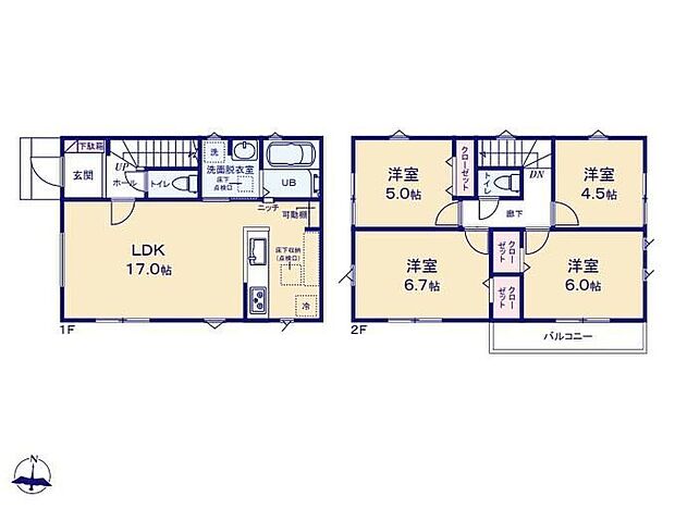 【4LDK】生活に自然とメリハリが生まれる2階にお部屋をまとめたプラン♪キッチン後方の可動棚+水回り集中設計で家事導線がスムーズです◎リビングを見渡せる対面式キッチン採用!お子様を見守りながら調理できます♪