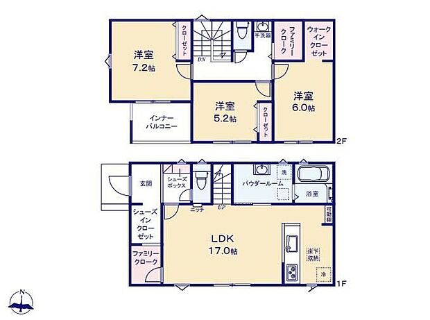 【3LDK】家族の会話が自然と弾むリビングイン階段×対面キッチン♪水回り集中設計×ゆったり洗面室×インナーバルコニーが備わる機能性の高い設計です!1階と2階に備わるFC!衣類管理がしやすく生活導線も快適に◎