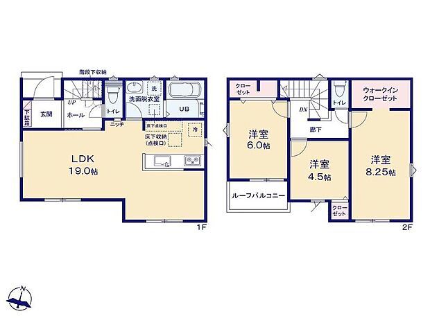 【3LDK】開放感あふれる19帖のリビングは、ご家族でくつろげる広々とした空間です!対面式キッチンでご家族のコミュニケーションが増える間取り♪8.25帖の寝室には大容量のWIC完備!