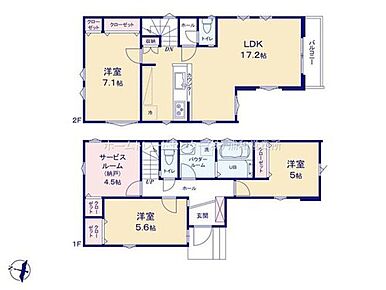 17.2帖のLDKを中心に、主寝室7.1帖と洋室5帖、5.6帖、さらに4.5帖の納戸を備えた3SLDK。全居室収納に加え、キッチンまわりにも収納を確保し、居住空間をすっきり保ちやすい間取りです。 
