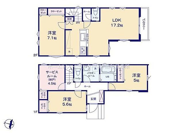 【3LDK+S】17.2帖のLDKを中心に、主寝室7.1帖と洋室5帖、5.6帖、さらに4.5帖の納戸を備えた3SLDK。全居室収納に加え、キッチンまわりにも収納を確保し、居住空間をすっきり保ちやすい間取りです。