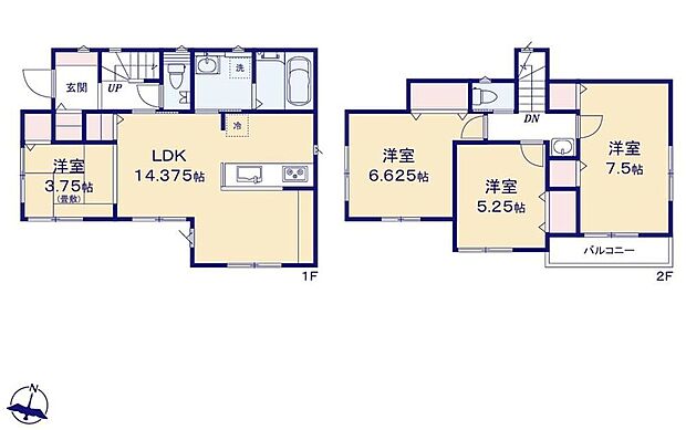 【4LDK】☆全居室南向きの明るい間取り☆客間としても、また小さいお子様の目の届く遊び場やお昼寝スペースとしても使える便利な和洋室プランです。お子様を抱っこしながら簡単に開けられるのが便利なスマートキー。