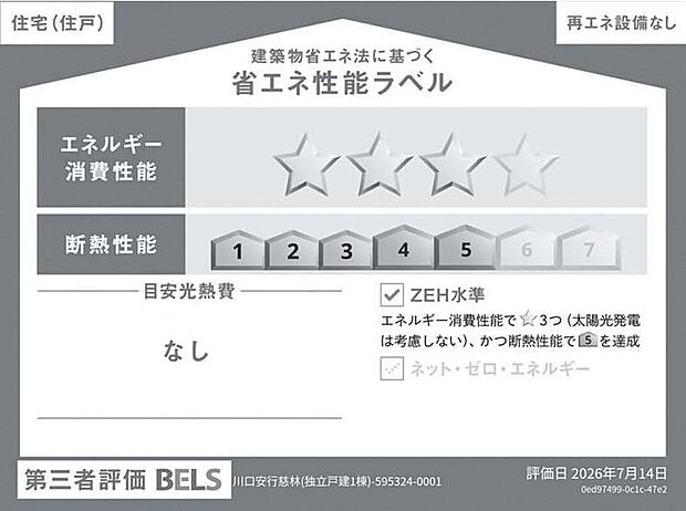【【省エネ性能ラベル】】こちらの物件はZEH水準を満たした、省エネ性能に優れた物件です。 光熱費を抑えて暮らすことができるだけでなく、「熱の入りにくさ・逃げにくさ」という観点でも影響を受けにくい建物のため、長く快適にお過ごしいただけます♪