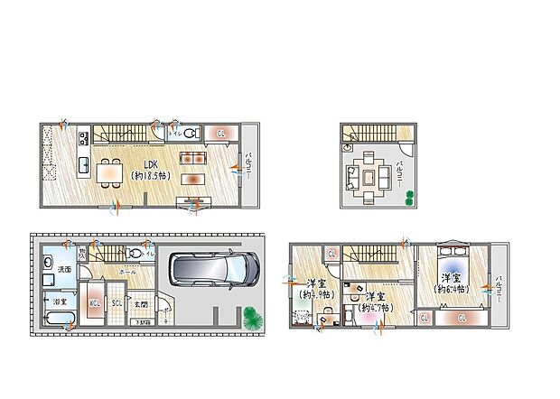 【1号地参考プラン図】広々としたルーフバルコニーを有するプラン1階ホールに容量のあるWICを。ご家族共有のファミリークローゼットにもぴったりです。