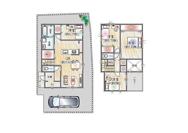 ※ライフシェアメンバーシップ適用価格
【2号地参考プラン図】(セミオーダー住宅 建物価格:2310万円~)
【建物面積:99.46m2】■2階建て×4LDK
全居室収納つき!駐車スペースあり