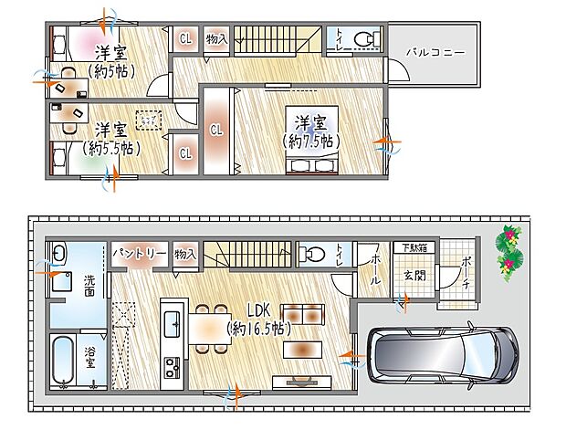 【1号地/参考プラン(1)】(ベストプラン建物価格:2380万円~)
■建物面積:91.40m2 ■2階建て×3LDK
パントリーと水回り集約で、家事がしやすく整う住まい。人気の2階建て建築です♪