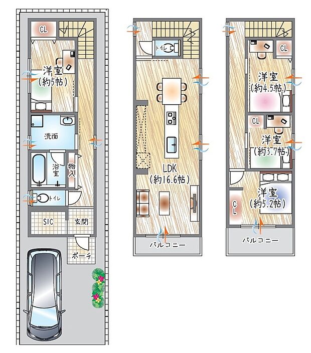 【参考プラン(1)】(ベストプラン建物価格:2480万円~)
■建物面積:98.54m2 ■3階建て×4LDK
家族が集う16.6帖LDK!SICを採用し玄関周りスッキリ設計