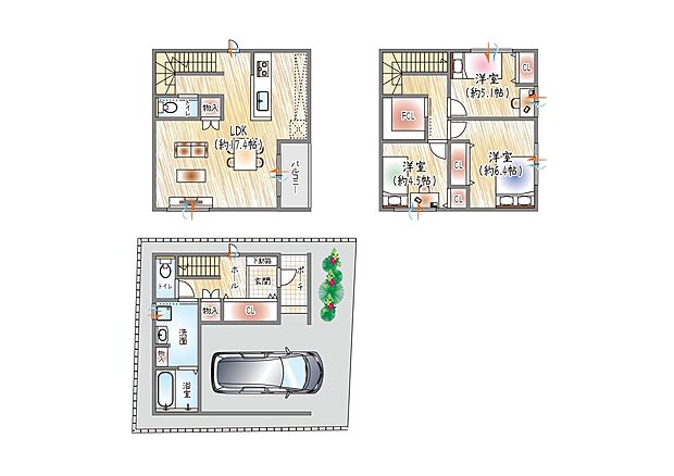【参考プラン(1)】(ベストプラン建物価格：2430万円～)
■建物面積：98.15m2 ■3階建て×4LDK
